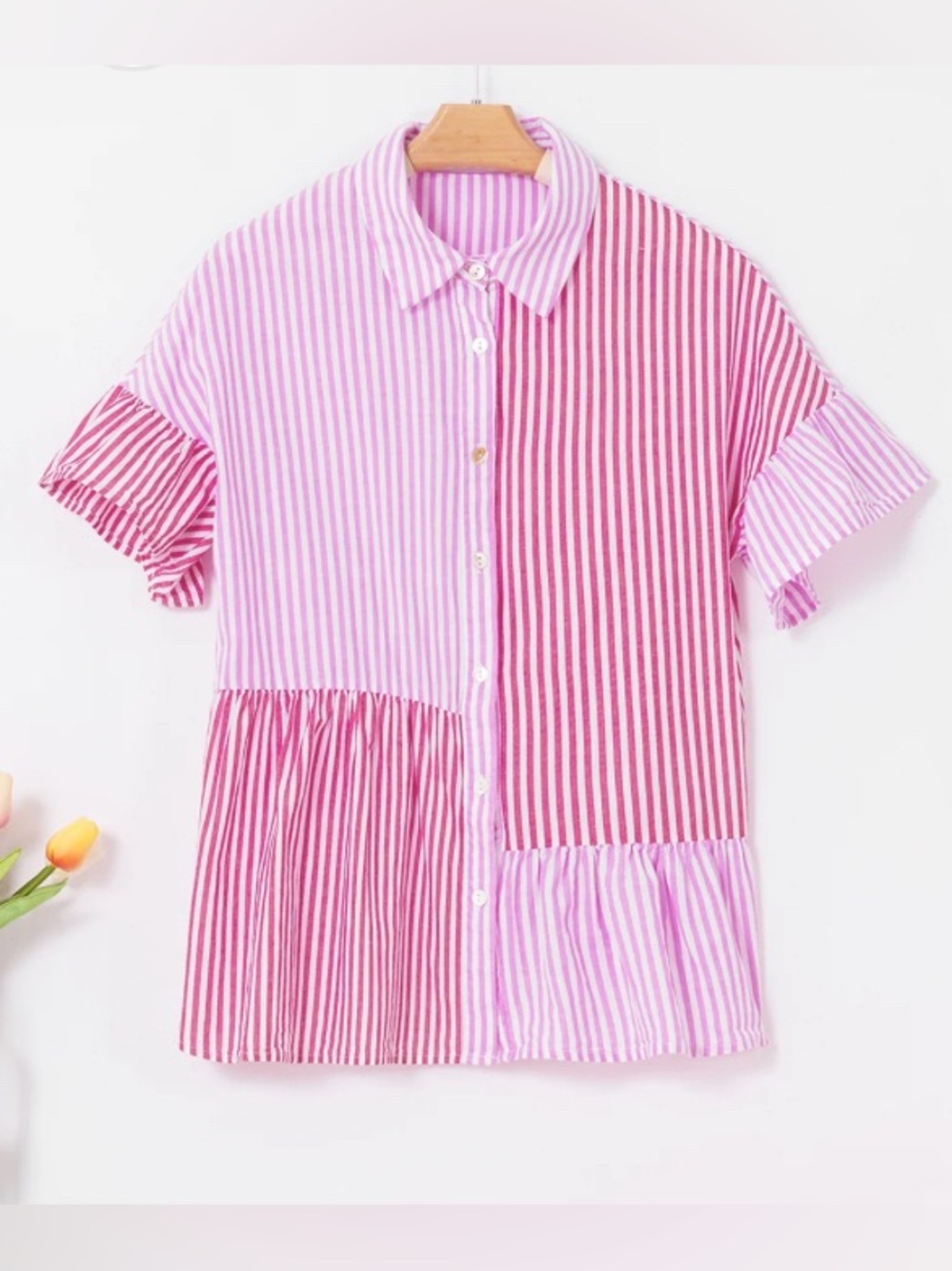 Liam and Co Colorblock Stripe Pink Red Ruffle Button Up Blouse Size L